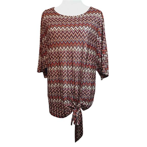 WORTHINGTON Chevron Zig Zag Top Blouse Large Brown Tones Neutral Artsy Career - Picture 6 of 10